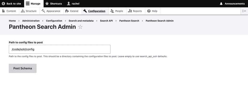 Pantheon admin tab solr drupal posting custom configurations