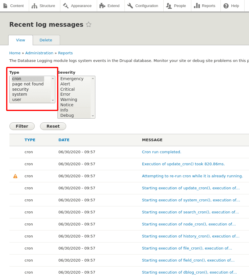 Drupal log messages, filtered for cron entries only.