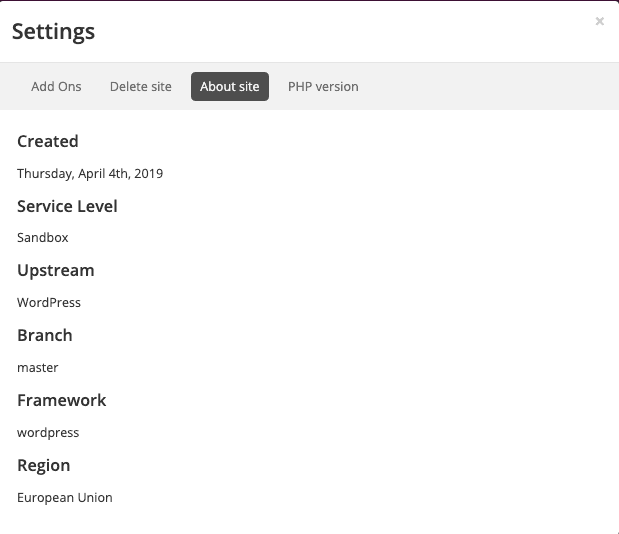 Site Dashboard > Settings > About Site > Region: European Union