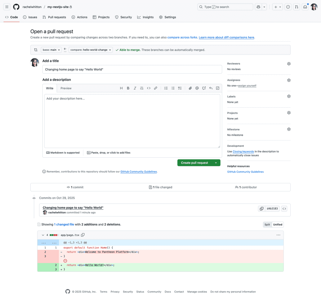 Create a Pull Request in GitHub after pushing changes Create a Pull Request in GitHub after pushing changes
