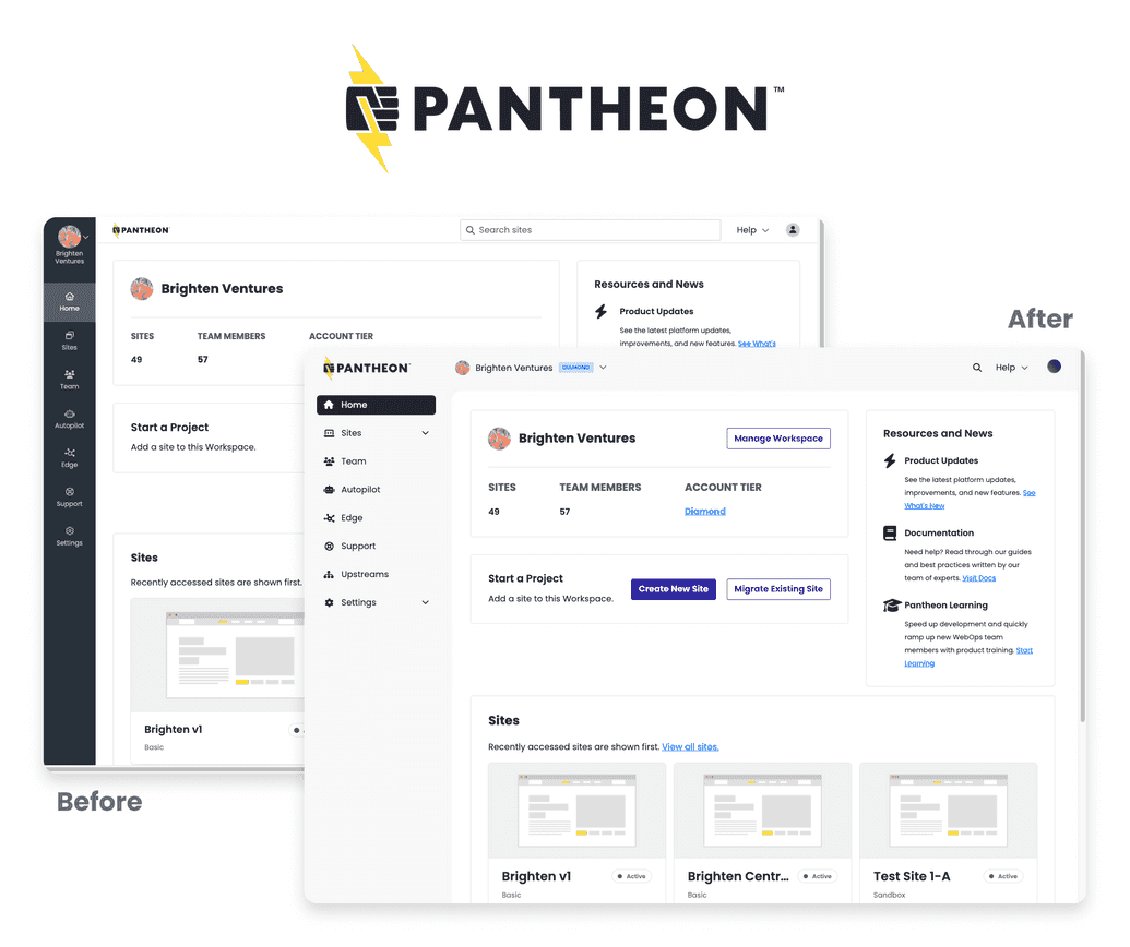 Before and after image of new Pantheon Dashboard navigation