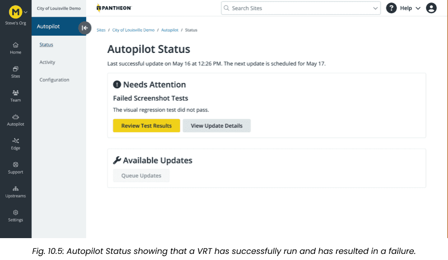 Autopilot status showing that a VRT has successfully run and has resulted in a failure