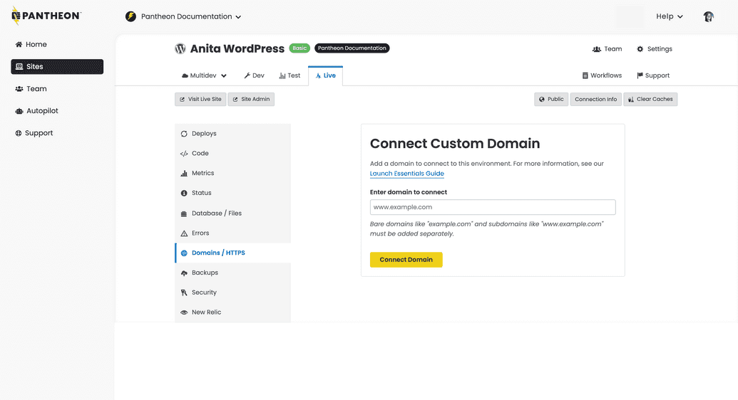 Adding a first domain to the Site Dashboard