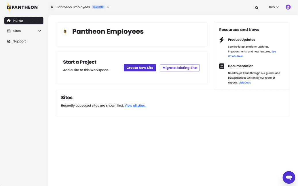 Contributor view of a workspace in the Pantheon Dashboard