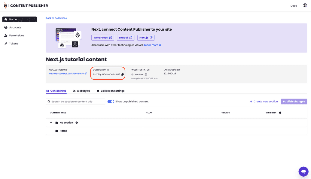 Screenshot from the Content Publisher dashboard highlighting the collection ID Screenshot from the Content Publisher dashboard highlighting the collection ID