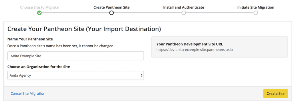 Name the Migrated Site and Optionally Choose a Workspace