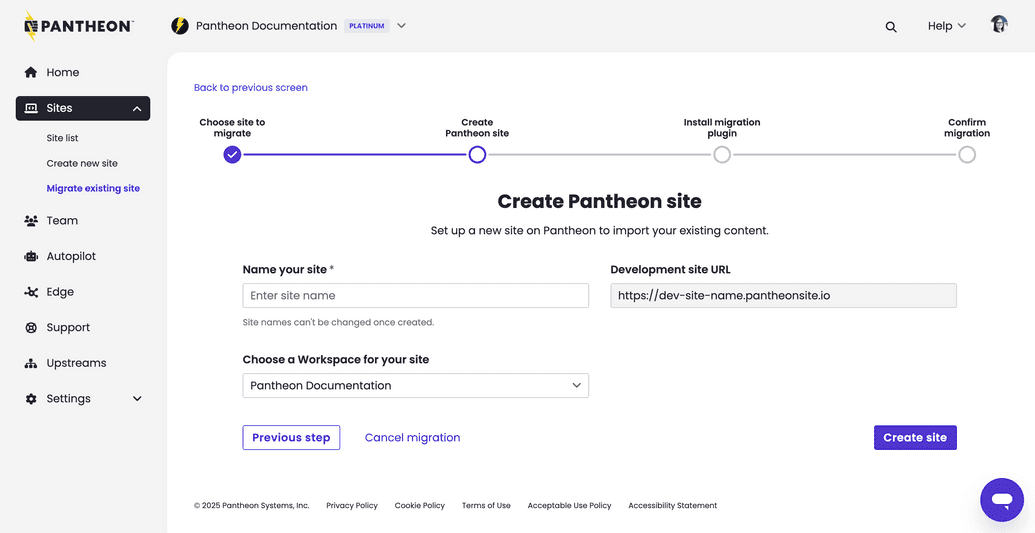 Site creation form for WordPress migrations prompting user to input site name and associated workspace