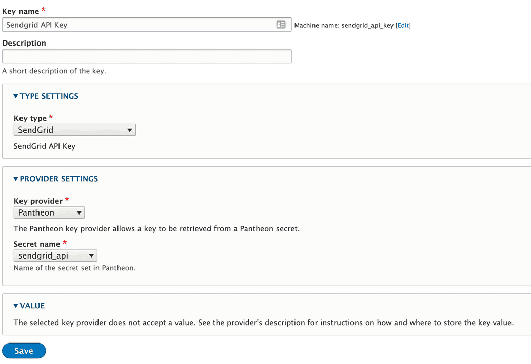 Screenshot of creating a new Key entity with type "Sendgrid" and provider "Pantheon"