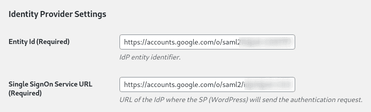 Values from the Google SAML App copied to the WP SAML Auth settings