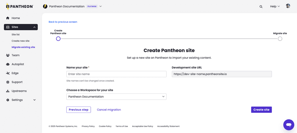 Site creation form for Drupal 7 migrations prompting user to input site name and associated workspace