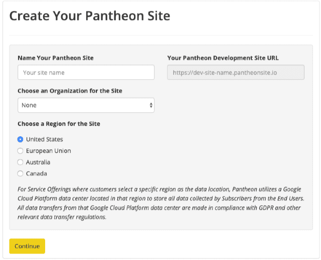 Create a new site from the Pantheon Dashbaord