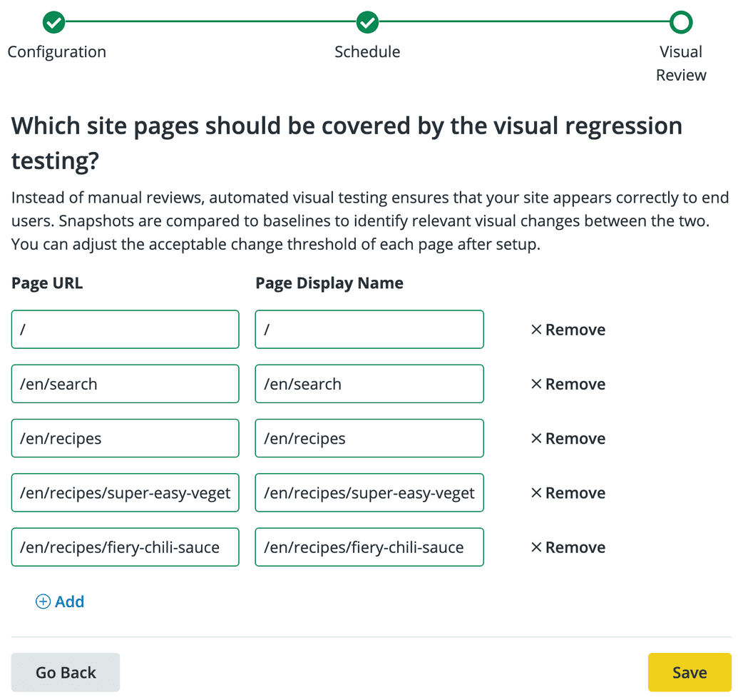 Autopilot Setup - Visual Review screen. Select which pages should be covered by visual regression testing.