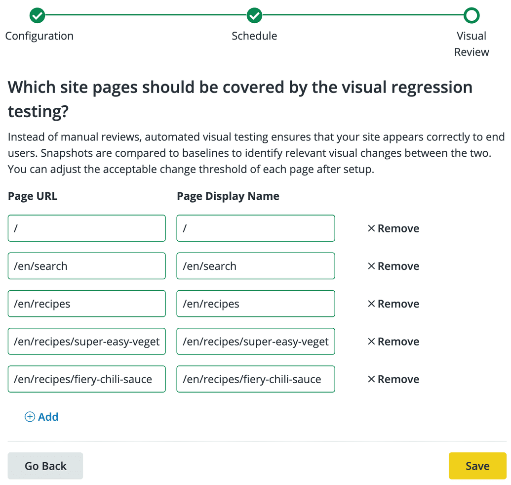 Autopilot configuration for which pages to run Visual Regression Testing against