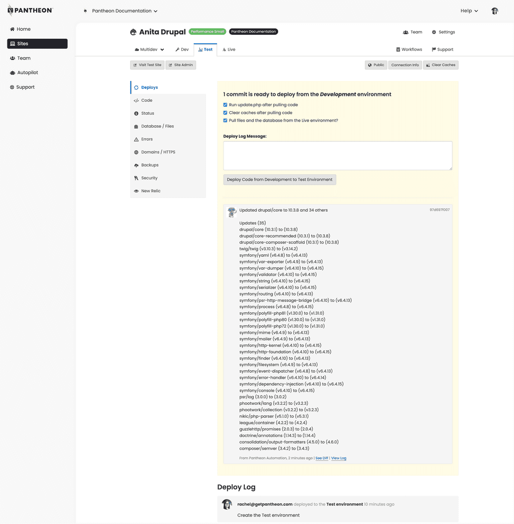 Site dashboard, test environment, Deploys section