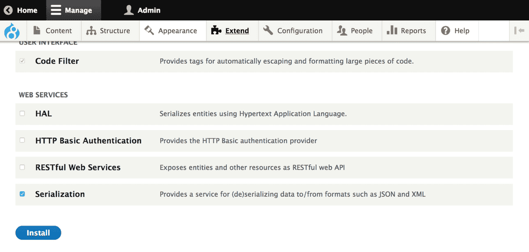 Use the Drupal admin interface to install modules