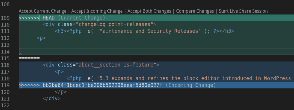 An example of Visual Studio Code highlighting a merge conflict