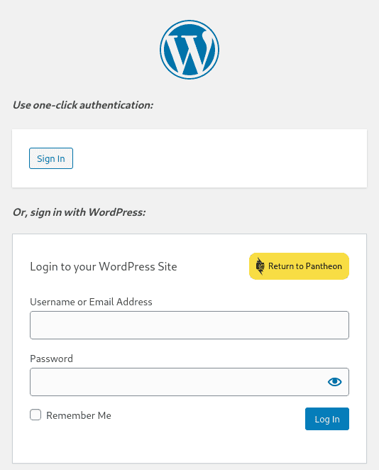 A screenshot of the new WordPress login page, featuring the one-click authentication method