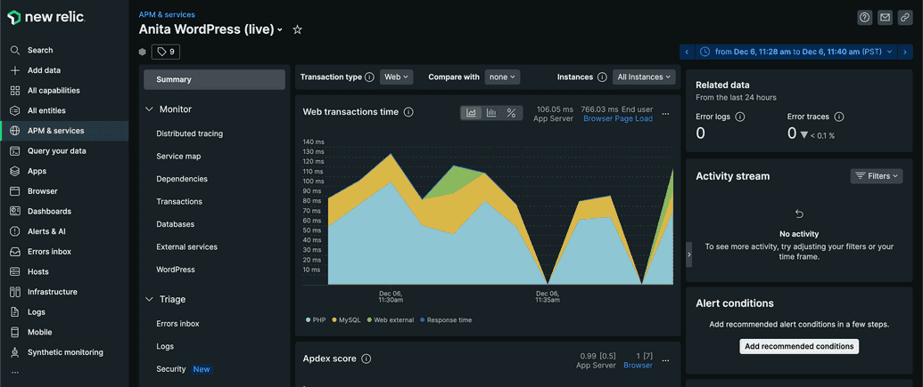 SCreenshot of the New Relic APM data for a Pantheon site.