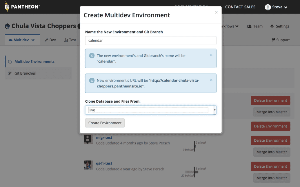 Create a new Multidev environment via the Pantheon Dashboard