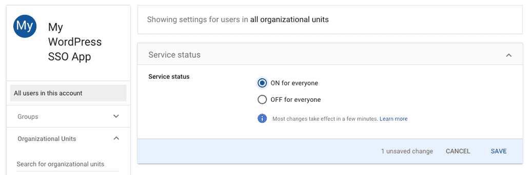 Google Console SAML App user access