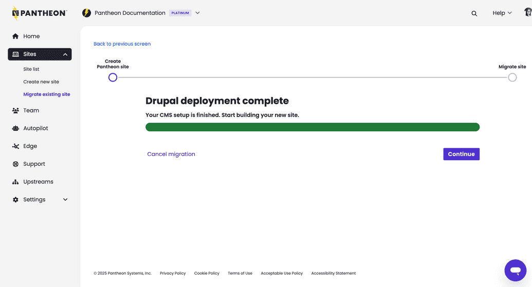 Site creation step showing a completed deployment and a prompt to visit the new site dashboard