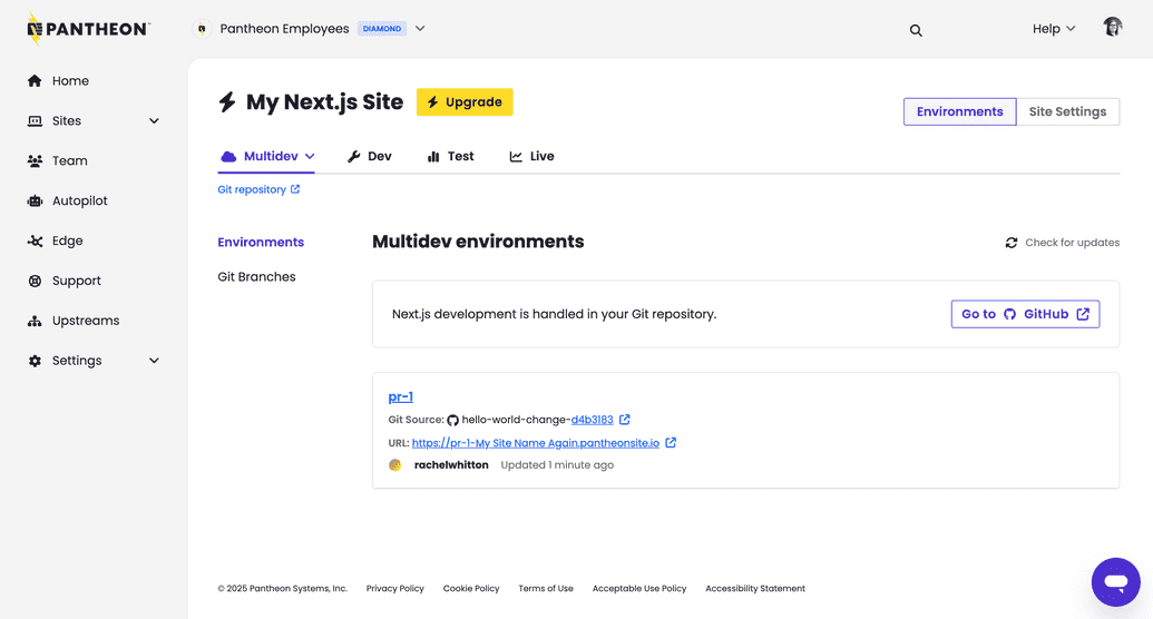 Pantheon Site Dashboard Multidev tab showing new pr-1 environment Pantheon Site Dashboard Multidev tab showing new pr-1 environment