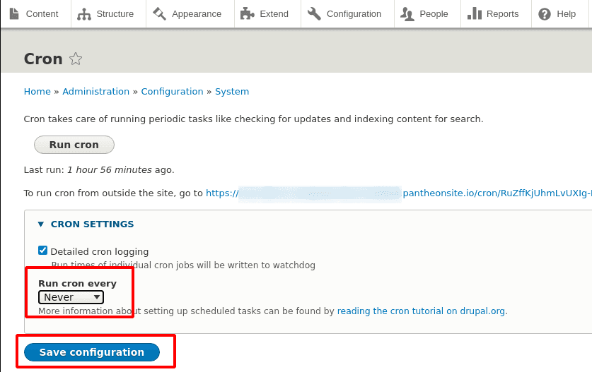 The cron settings in the Drupal admin interface, set to run cron "never".