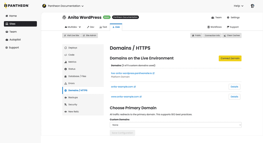 Set the primary domain in the Site Dashboard