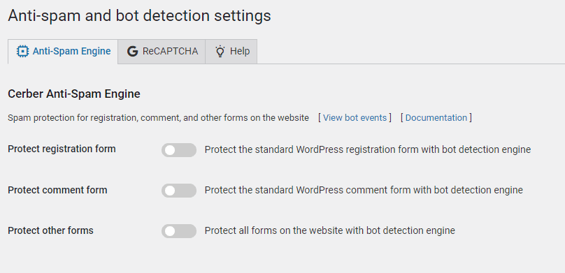 WP Cerber Anti-Spam Engine settings