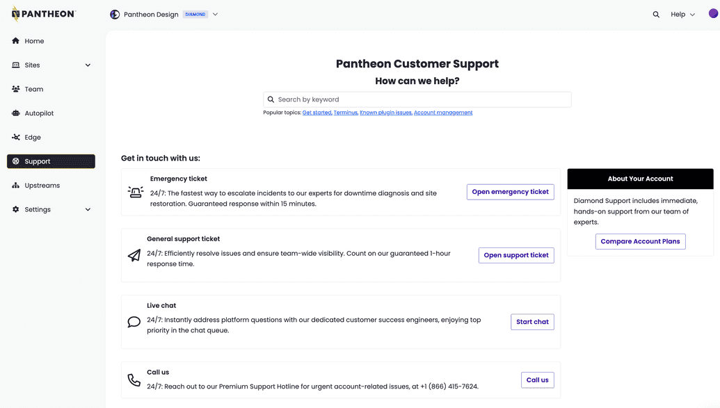 Select Support from the Workspace's Dashboard